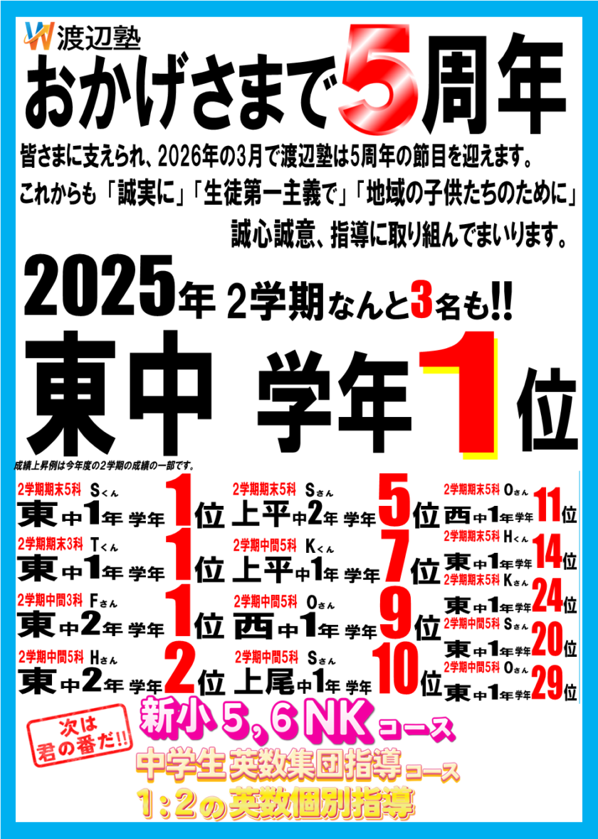 おかげさまで５周年！おかげさまで学年１位３名!!